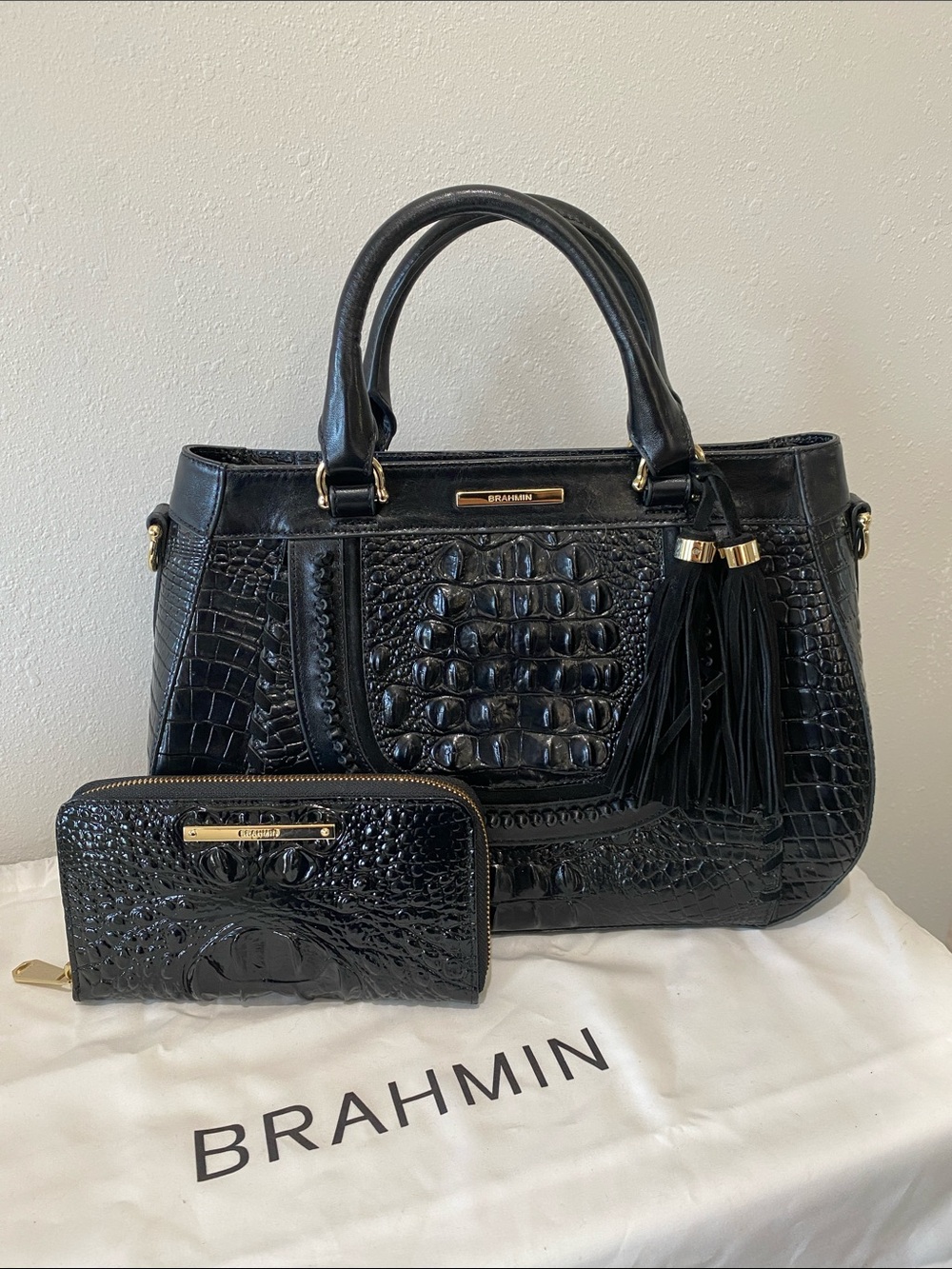 Brahmin Black Croc-Embossed Leather Satchel with Tassel and Matching Wallet 🖤🐊